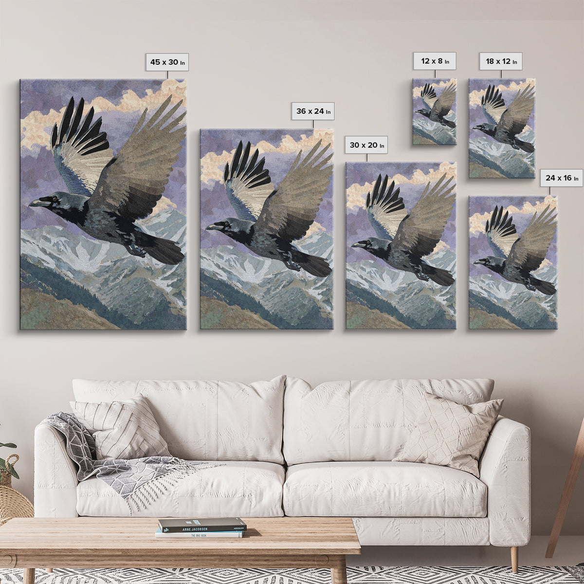 Raven Flying Through Snowy Mountains Framed Canvas Print, Wildlife Art, Neutral Decor, Living Room Decor, Fine Art, Wild, WIL-2x3-56