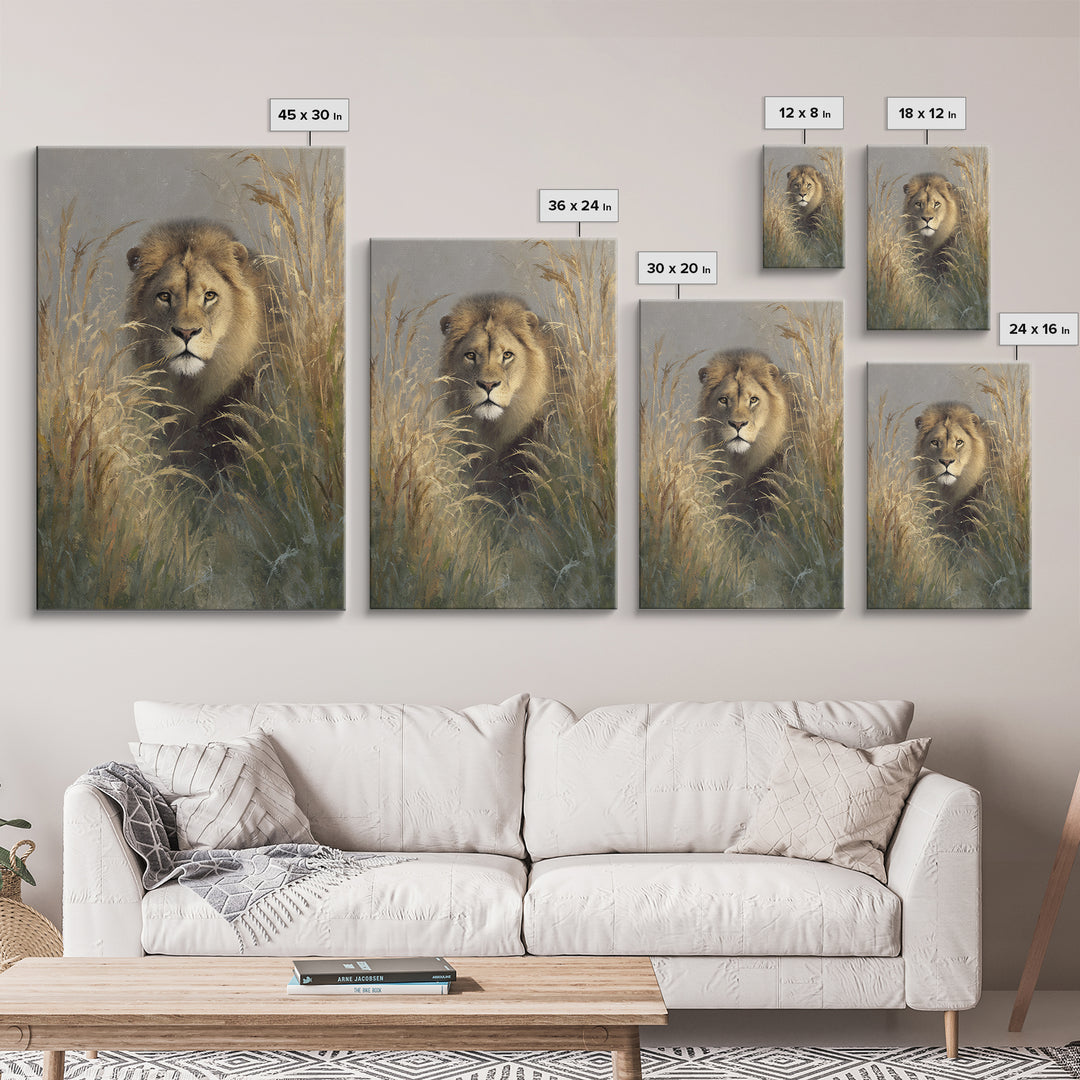 Lion Emerging from Golden Savanna Grass Canvas Print, Wildlife Art, Boho Wall Decor, Living Room Decor, Oil Painting, Wild, WIL-2x3-57