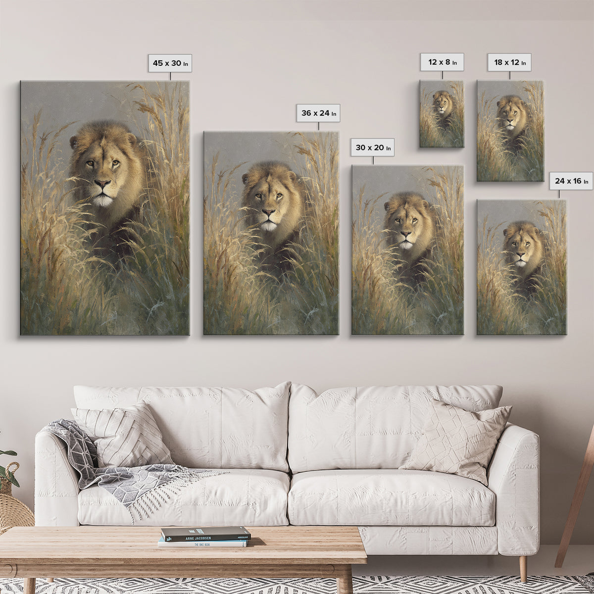 Lion Emerging from Golden Savanna Grass Canvas Print, Wildlife Art, Boho Wall Decor, Living Room Decor, Oil Painting, Wild, WIL-2x3-57