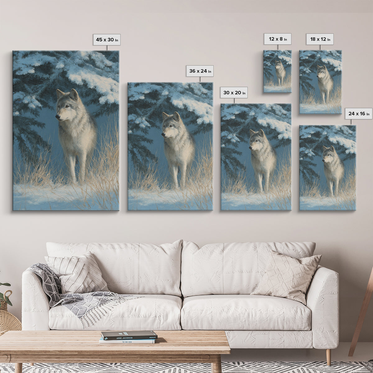 Wolf Standing Beneath Snowy Pine Trees Framed Canvas Print, Wildlife Art, Wall Decor, Living Room Decor, Oil Painting, Wild, WIL-2x3-59