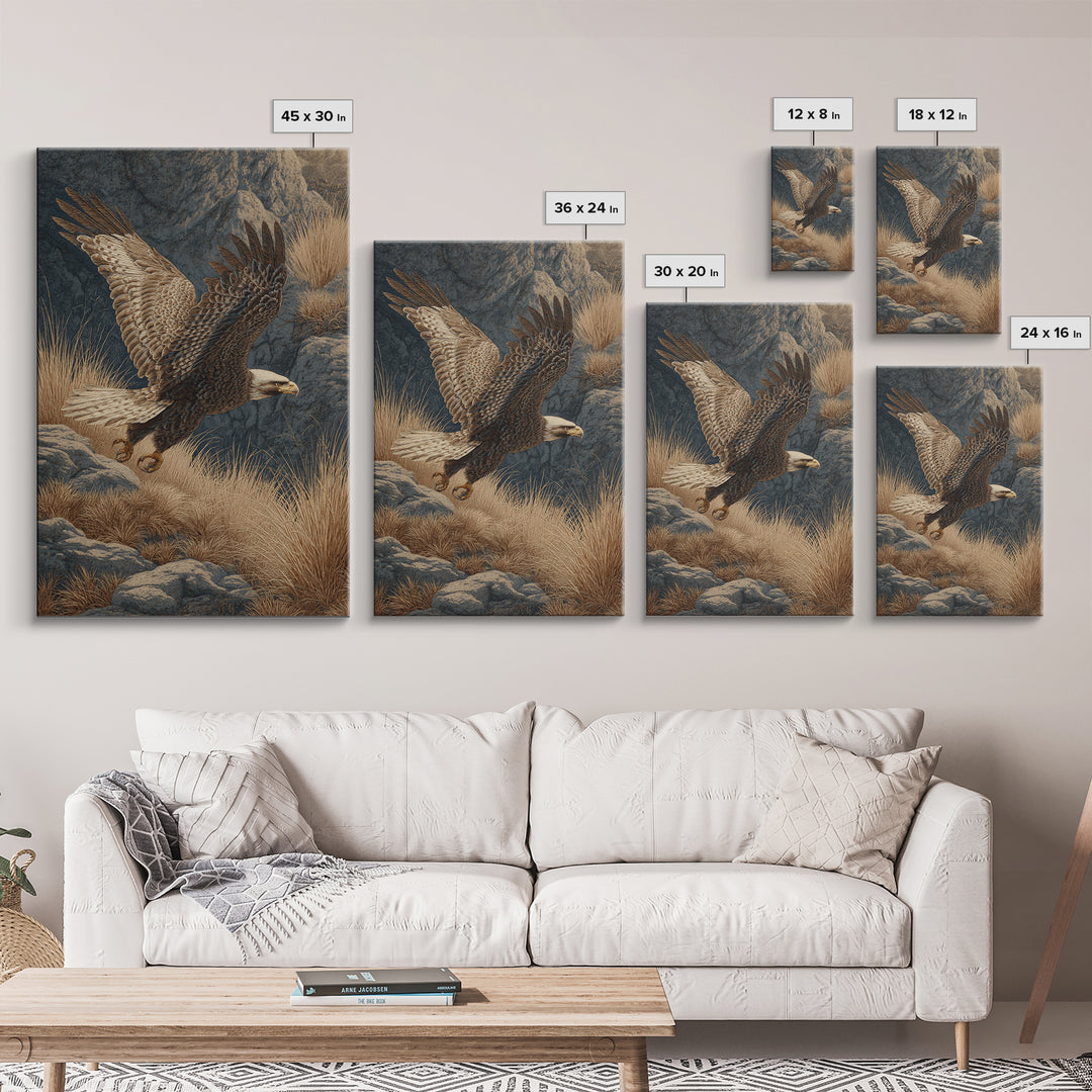 Eagle Soaring Above Rocky Cliffs Canvas Print, Wildlife Art, Oil Painting, Living Room Decor, Abstract Art, Wild, WIL-2x3-62