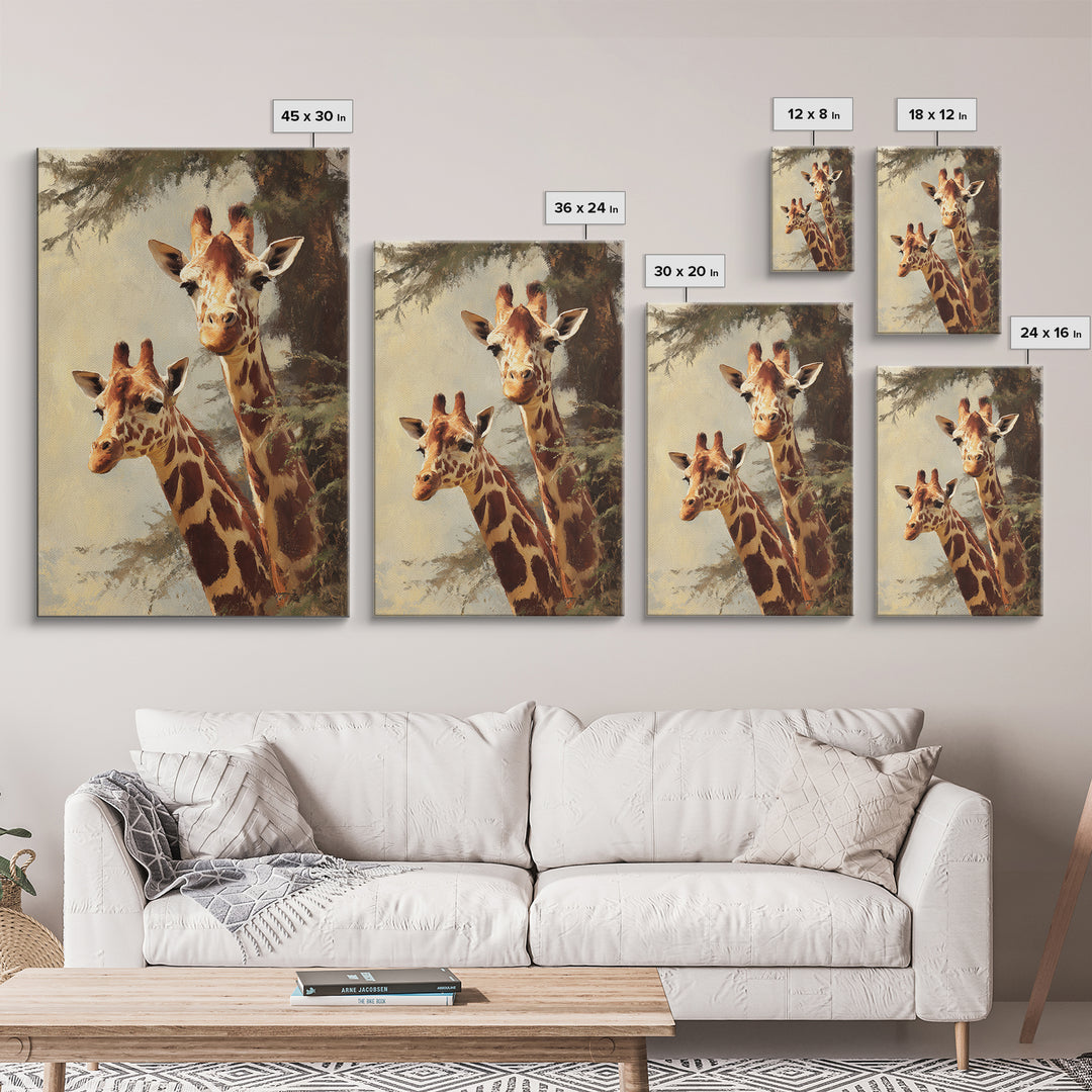 Giraffe Pair under Acacia Tree Framed Canvas Print, Wildlife Art, Painting, Living Room Decor, Watercolor Art, Wild, Bird Art, WIL-2x3-63