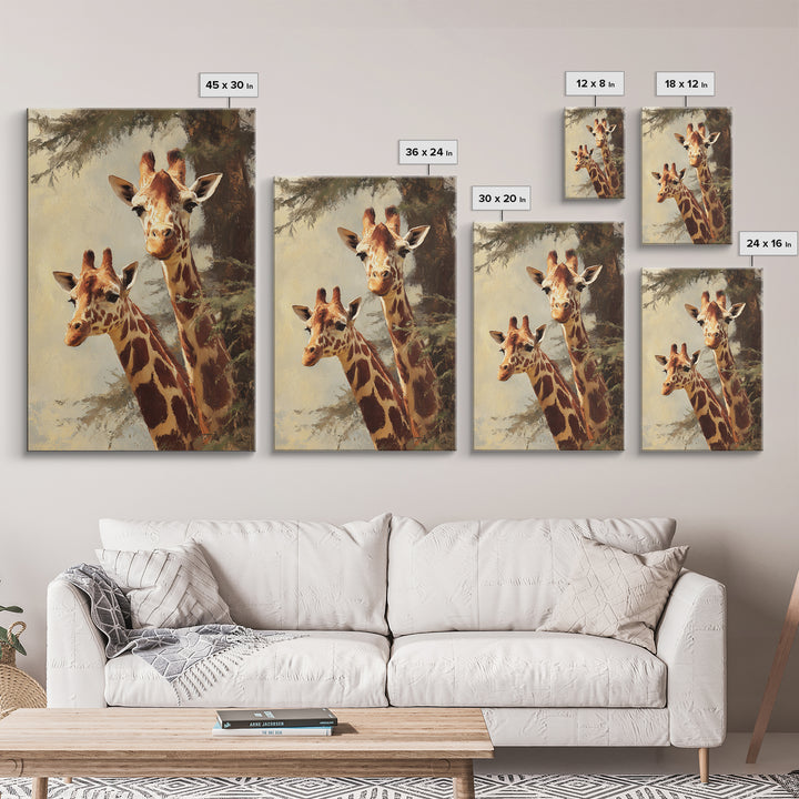 Giraffe Pair under Acacia Tree Framed Canvas Print, Wildlife Art, Painting, Living Room Decor, Watercolor Art, Wild, Bird Art, WIL-2x3-63