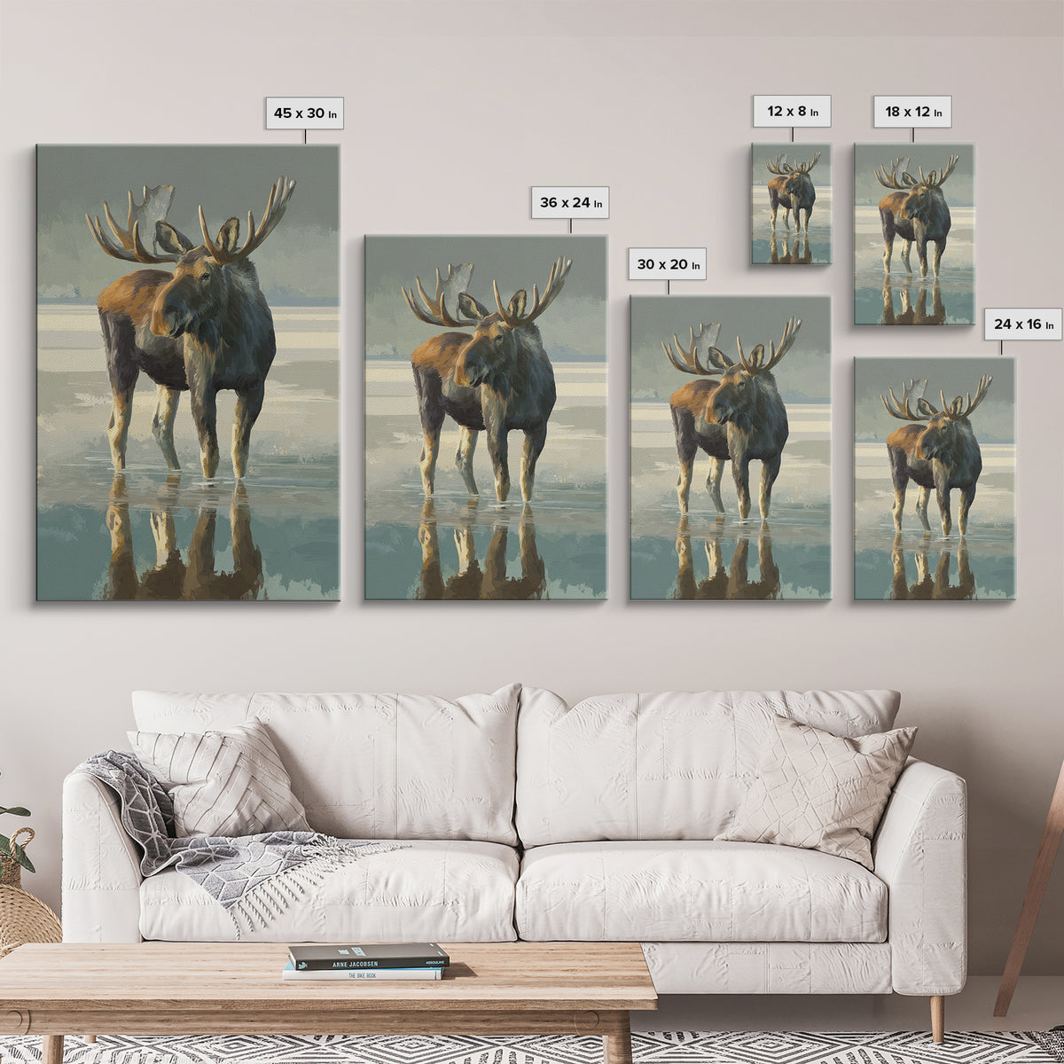Moose Standing in Reflective Lake Framed Canvas Print, Wildlife Art, Digital Wall Art, Living Room Decor, Fine Art, Wild, WIL-2x3-75