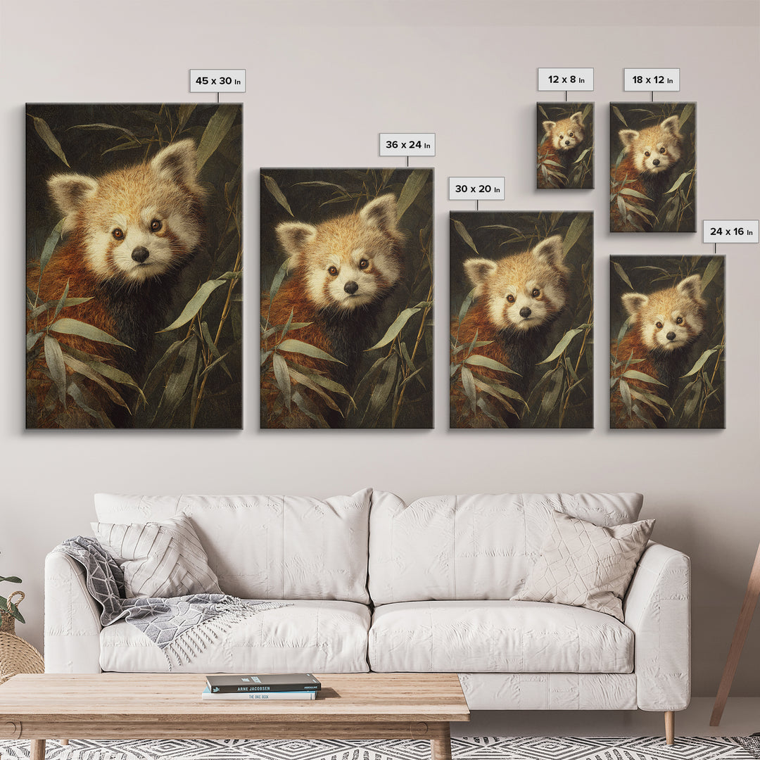 Red Panda Among Bamboo Leaves Framed Canvas Print, Wildlife Art, Canvas Print, Living Room Decor, Wild, Forest Wall Art, WIL-2x3-76