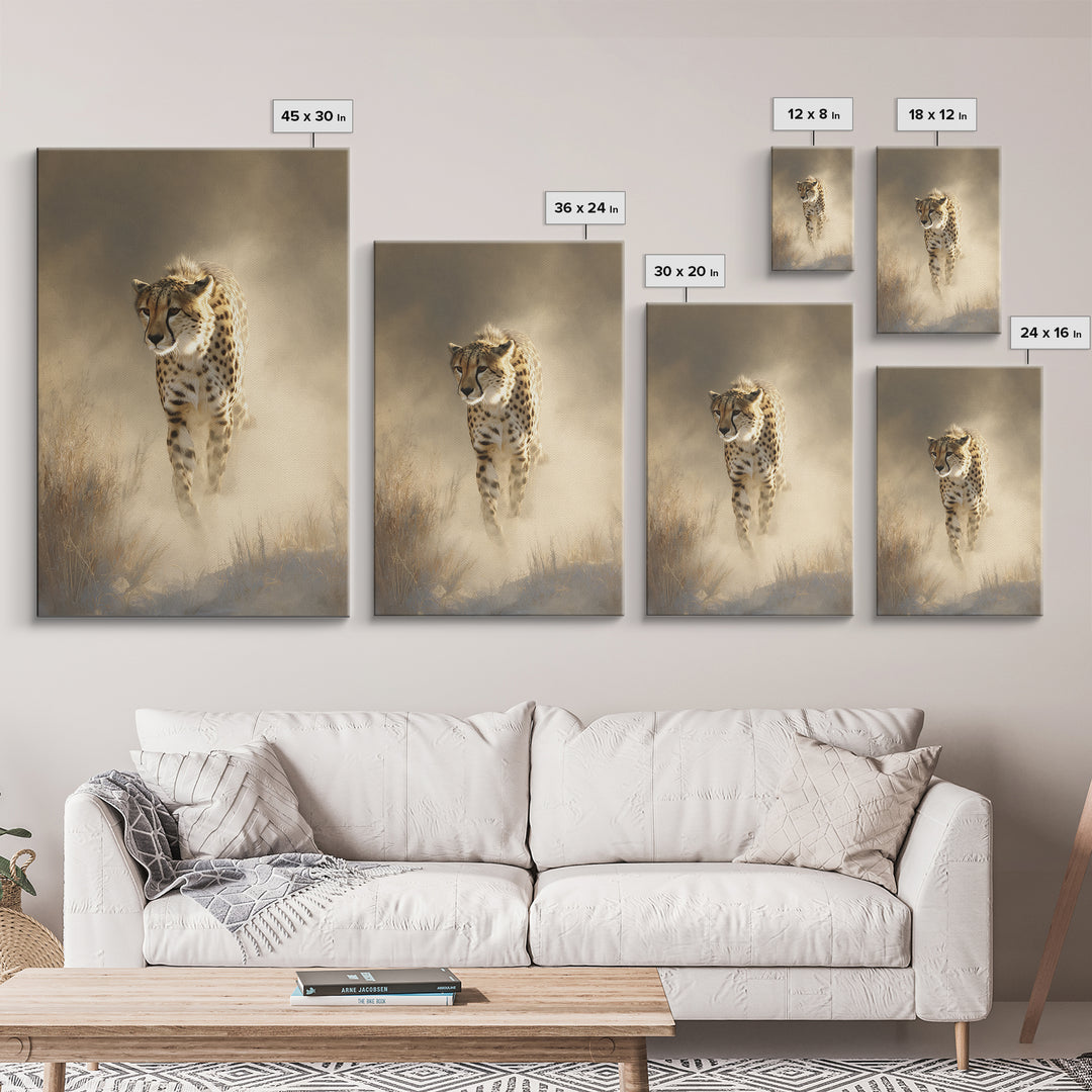 Cheetah Running Through Warm Dust Canvas Print, Wildlife Art, Modern Wall Art, Living Room Decor, Fine Art, Wild, Bird Wall Art, WIL-2x3-77