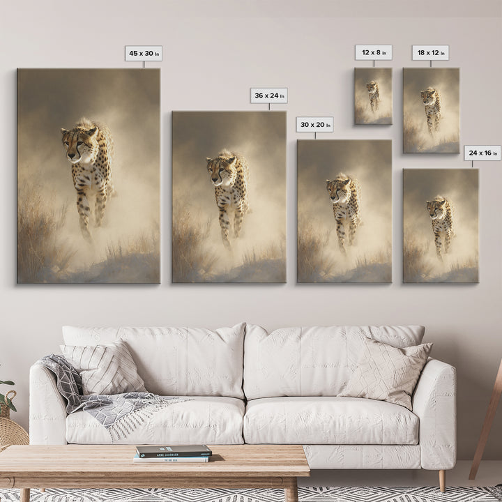 Cheetah Running Through Warm Dust Canvas Print, Wildlife Art, Modern Wall Art, Living Room Decor, Fine Art, Wild, Bird Wall Art, WIL-2x3-77