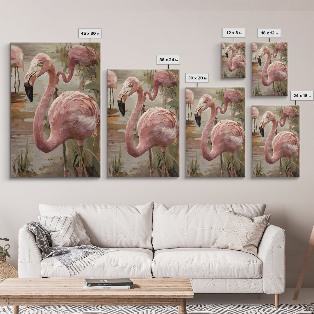 Flamingos in Pink Shallow Water Framed Canvas Print, Wildlife Art, Painting, Living Room Decor, Wild, Living Room Wall Art, WIL-2x3-78