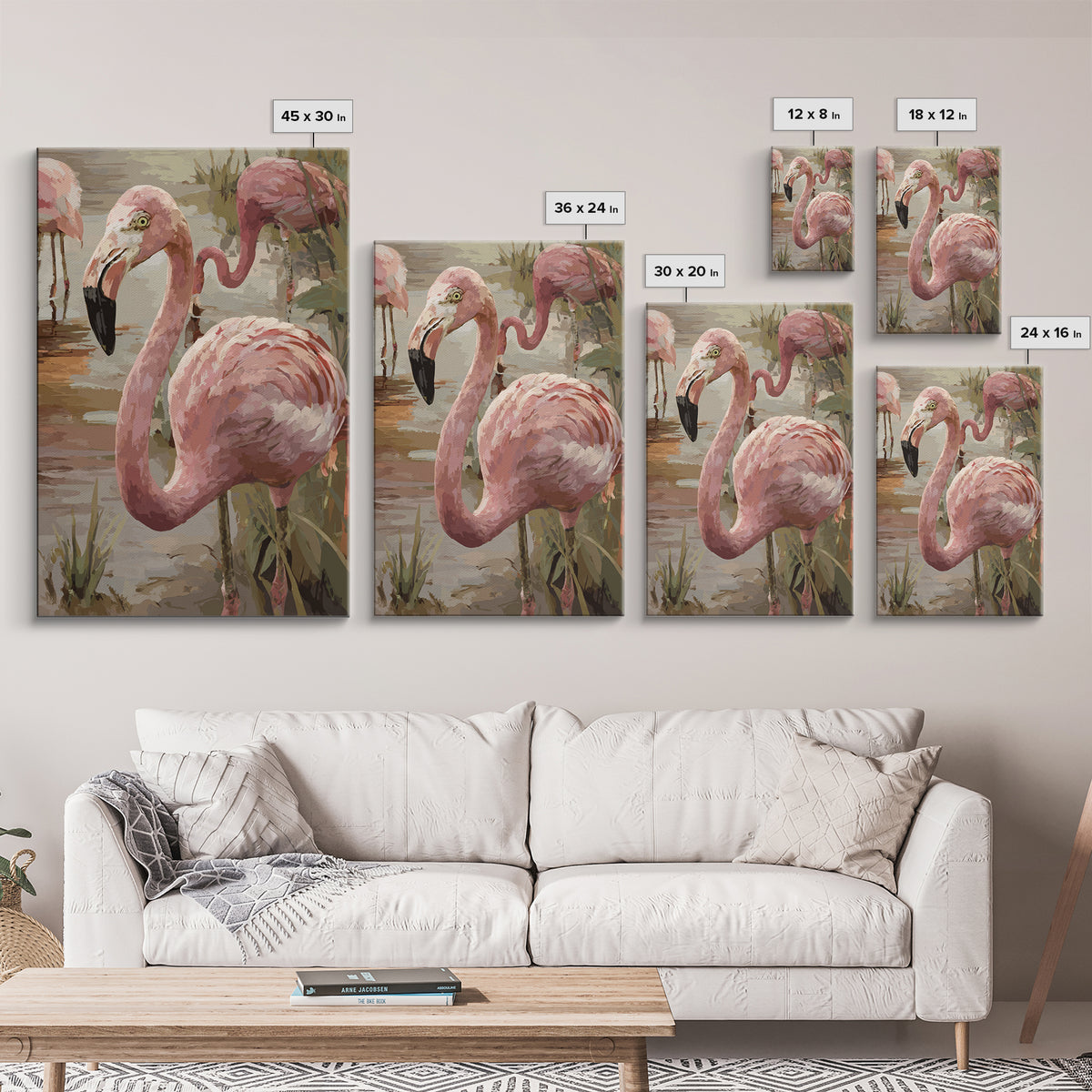 Flamingos in Pink Shallow Water Framed Canvas Print, Wildlife Art, Painting, Living Room Decor, Wild, Living Room Wall Art, WIL-2x3-78