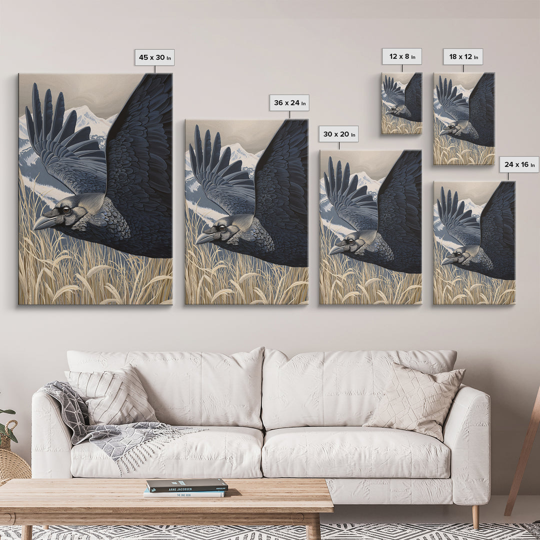 Raven Flying Through Snowy Mountains Framed Canvas Print, Wildlife Art, Landscape Art, Living Room Decor, Fine Art, Wild, WIL-2x3-8
