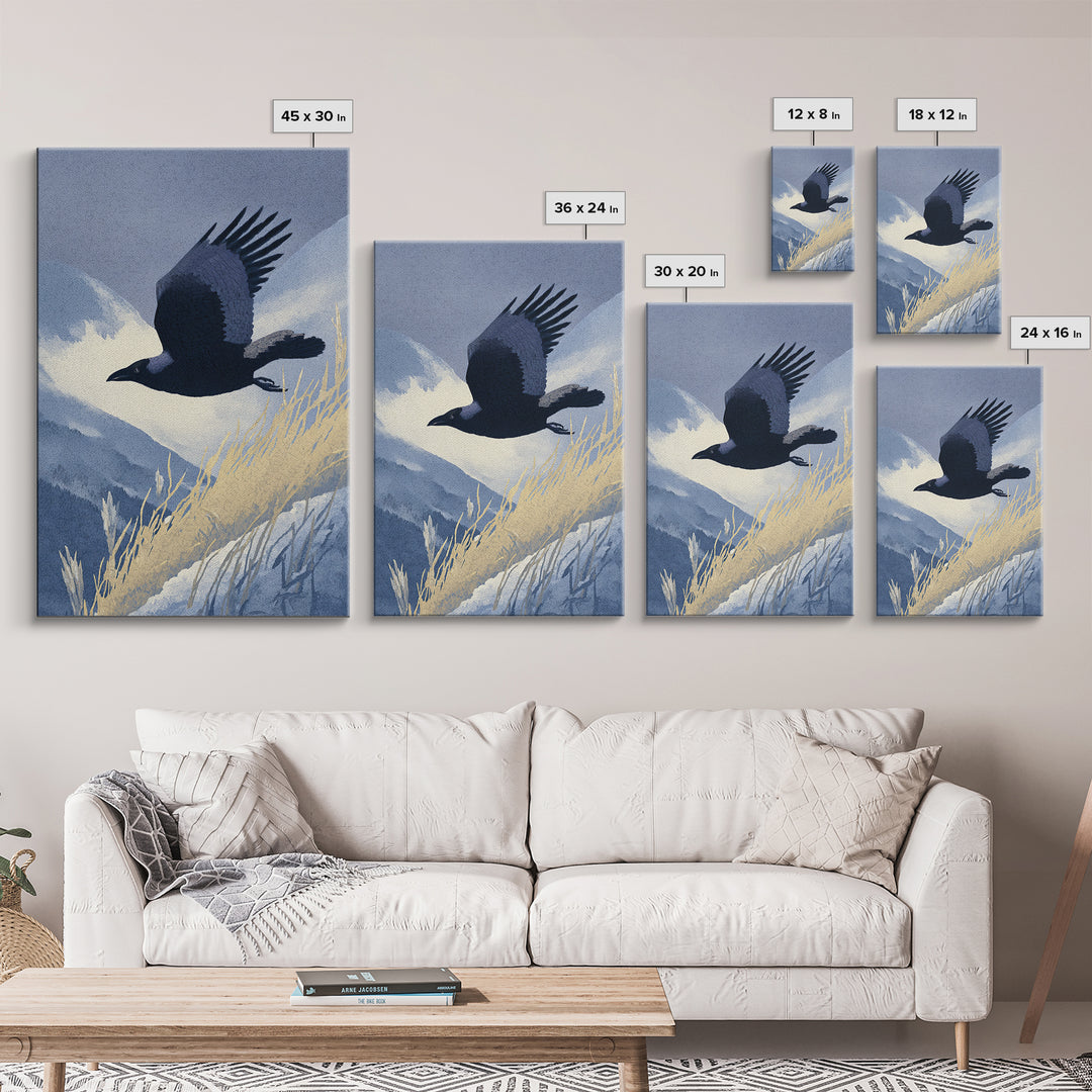 Raven Flying Through Snowy Mountains Framed Canvas Print, Wildlife Art, Contemporary Art, Living Room Decor, Fine Art, Wild, WIL-2x3-80