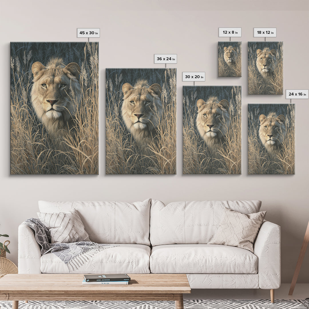 Lion Emerging from Golden Savanna Grass Canvas Print, Wildlife Art, Boho Wall Decor, Living Room Decor, Oil Painting, Wild, WIL-2x3-81