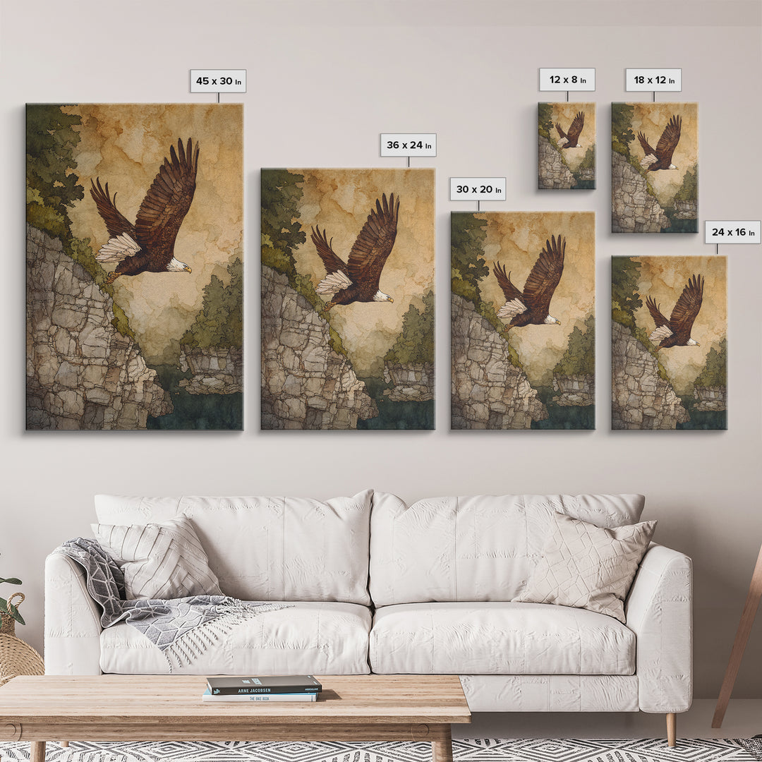 Eagle Soaring Above Rocky Cliffs Canvas Print, Wildlife Art, Oil Painting, Living Room Decor, Abstract Art, Wild, WIL-2x3-86