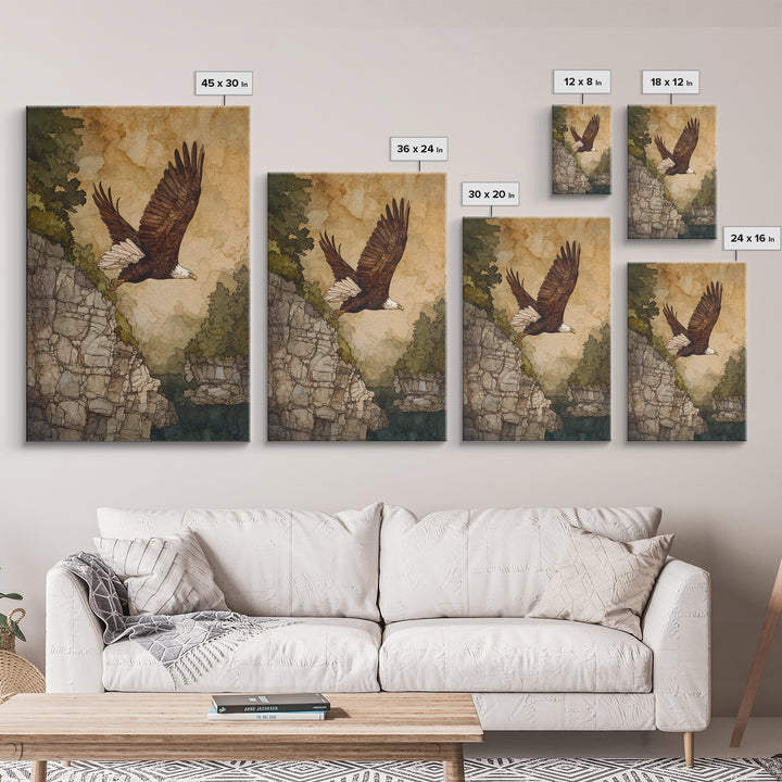 Eagle Soaring Above Rocky Cliffs Canvas Print, Wildlife Art, Oil Painting, Living Room Decor, Abstract Art, Wild, WIL-2x3-86