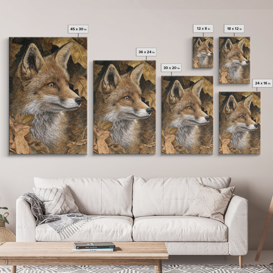 Fox in Autumn Forest Leaves Framed Canvas Print, Wildlife Art, Canvas Print, Living Room Decor, Fine Art, Wild, Forest Wall Art, WIL-2x3-89