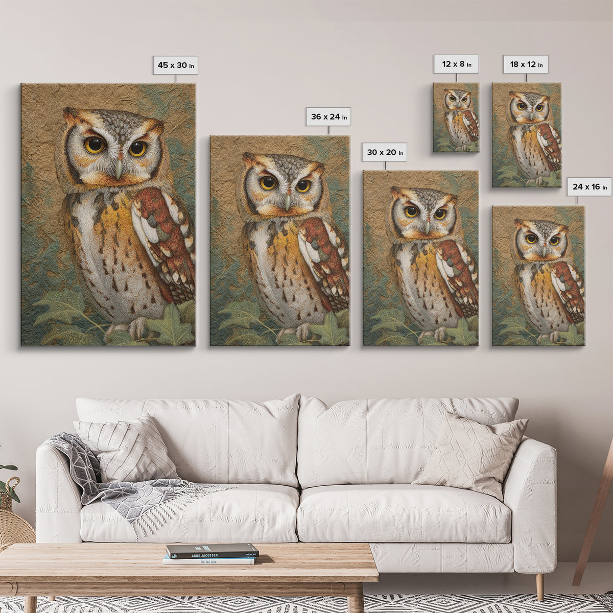 Owl Perched in Moonlit Woodland Framed Canvas Print, Wildlife Art, Gallery Decor, Living Room Decor, Abstract Art, Wild, WIL-2x3-92