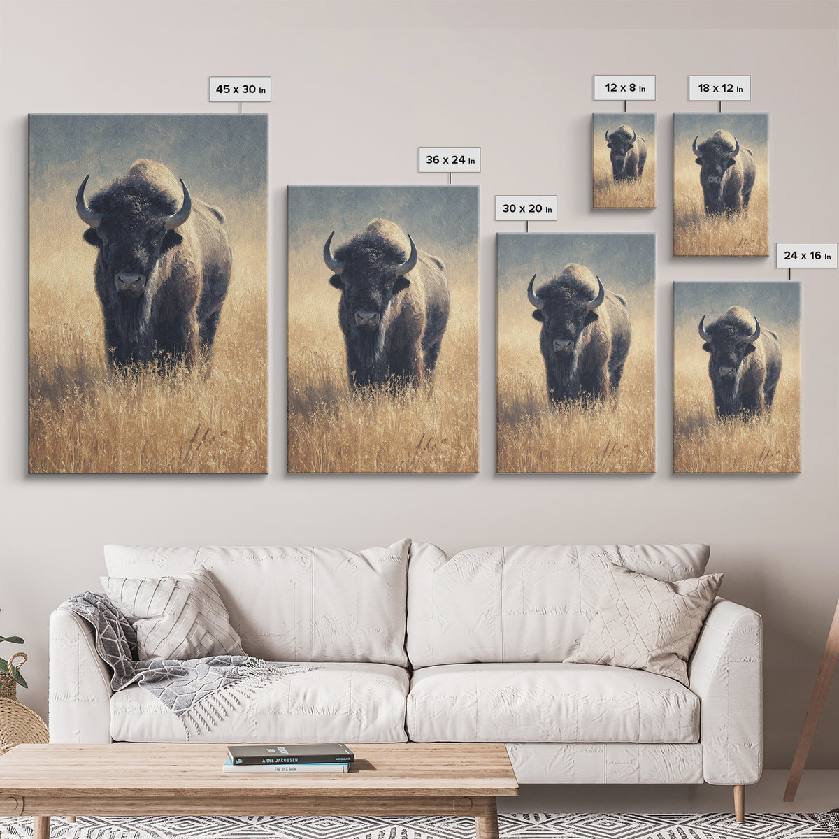 Bison on Wide Western Prairie Framed Canvas Print, Wildlife Art, Living Room Decor, Wild, Living Room Art, Canvas Painting, WIL-2x3-93