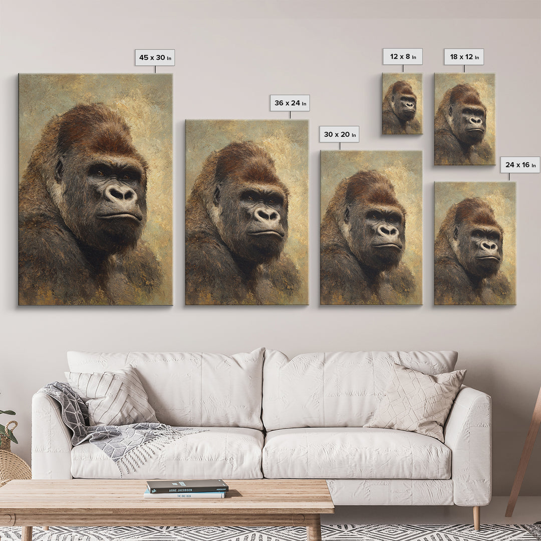 Gorilla Portrait with Powerful Gaze Framed Canvas Print, Wildlife Art, Wall Art Print, Living Room Decor, Oil Painting, Wild, WIL-2x3-97