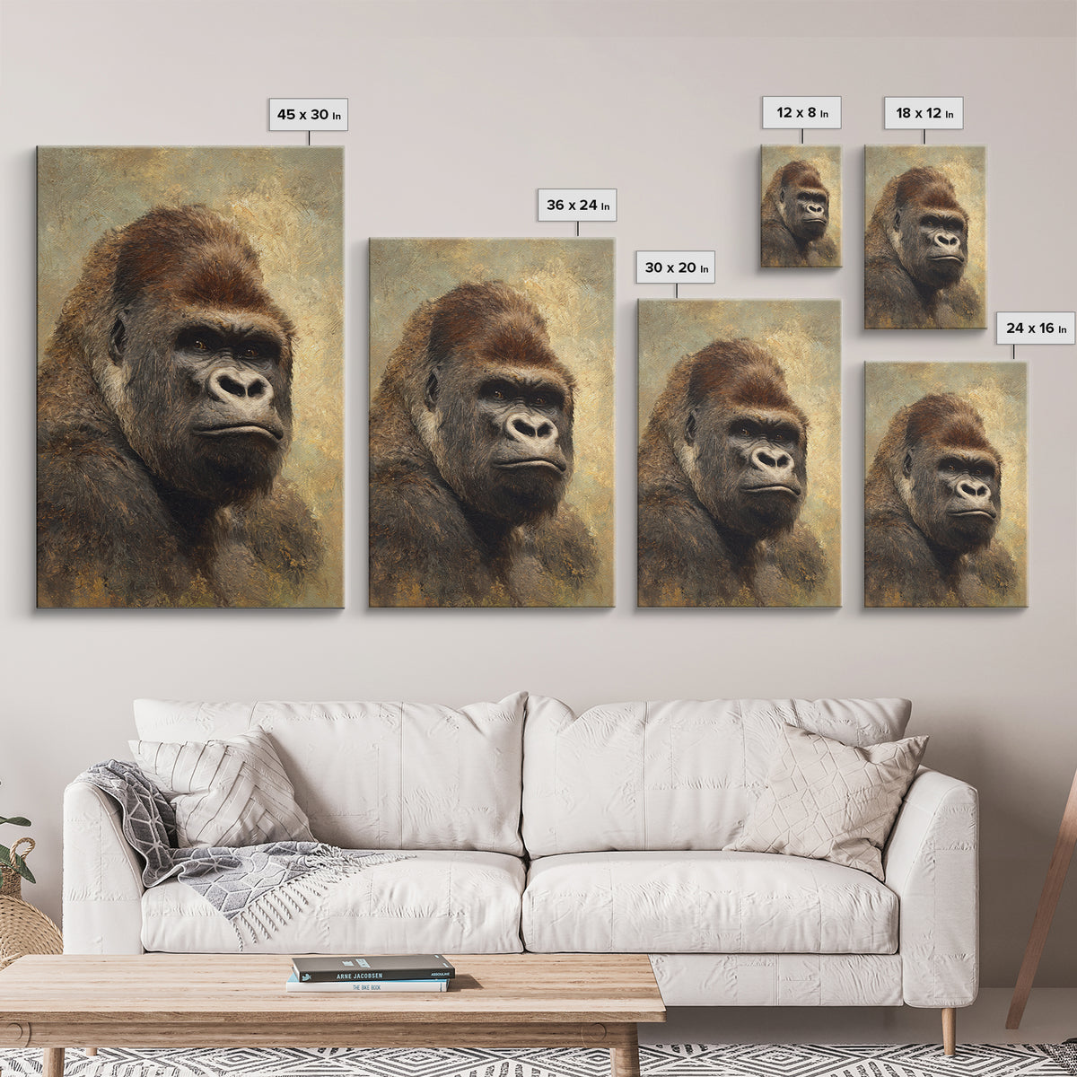 Gorilla Portrait with Powerful Gaze Framed Canvas Print, Wildlife Art, Wall Art Print, Living Room Decor, Oil Painting, Wild, WIL-2x3-97