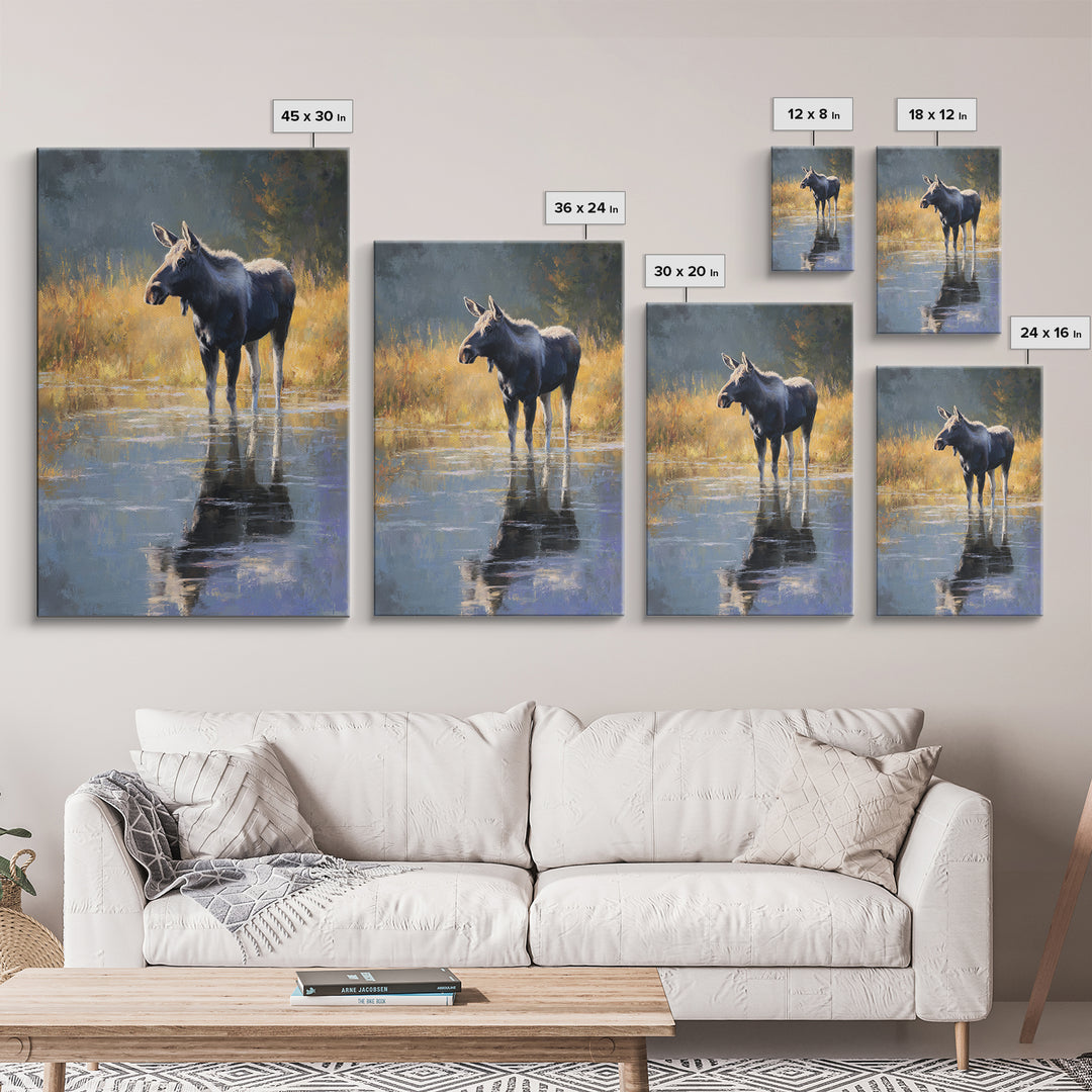 Moose Standing in Reflective Lake Canvas Print, Wildlife Art, Modern Wall Art, Living Room Decor, Fine Art, Wild, Bird Wall Art, WIL-2x3-99