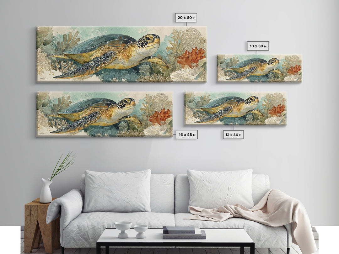 Sea Turtle over Coral Reef Framed Canvas Print, Wildlife Art, Home Decor, Living Room Decor, Fine Art, Wild, Boho Wall Decor, WIL-3x1-10