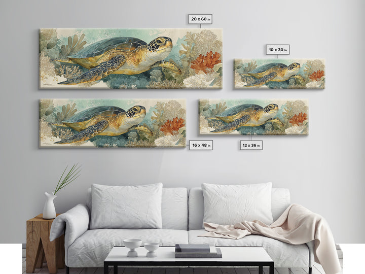 Sea Turtle over Coral Reef Framed Canvas Print, Wildlife Art, Home Decor, Living Room Decor, Fine Art, Wild, Boho Wall Decor, WIL-3x1-10