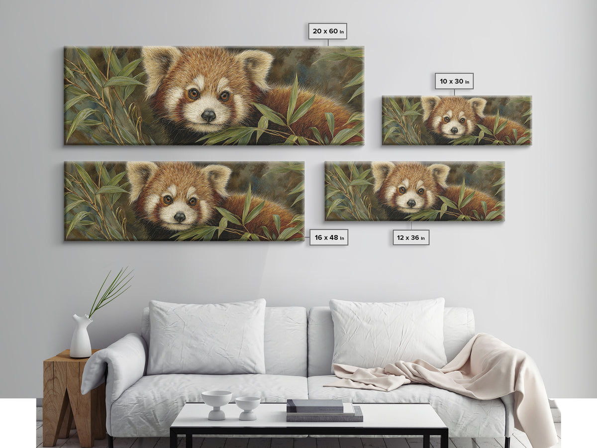 Red Panda Among Bamboo Leaves Framed Canvas Print, Wildlife Art, Canvas Painting, Living Room Decor, Wild, Luxury Decor, WIL-3x1-12