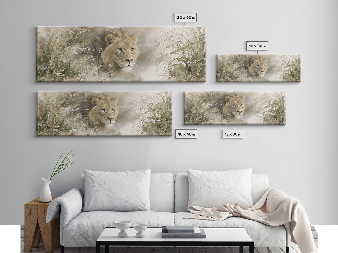 Lion Emerging from Golden Savanna Grass Framed Canvas Print, Wildlife Art, Bird Art, Living Room Decor, Fine Art, Wild, WIL-3x1-17