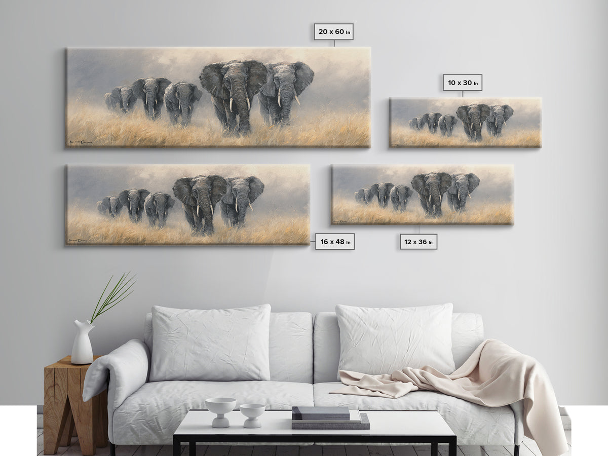 Elephant Herd Walking Through Dusty Sunset Framed Canvas Print, Wildlife Art, Original Art, Living Room Decor, Fine Art, Wild, WIL-3x1-18