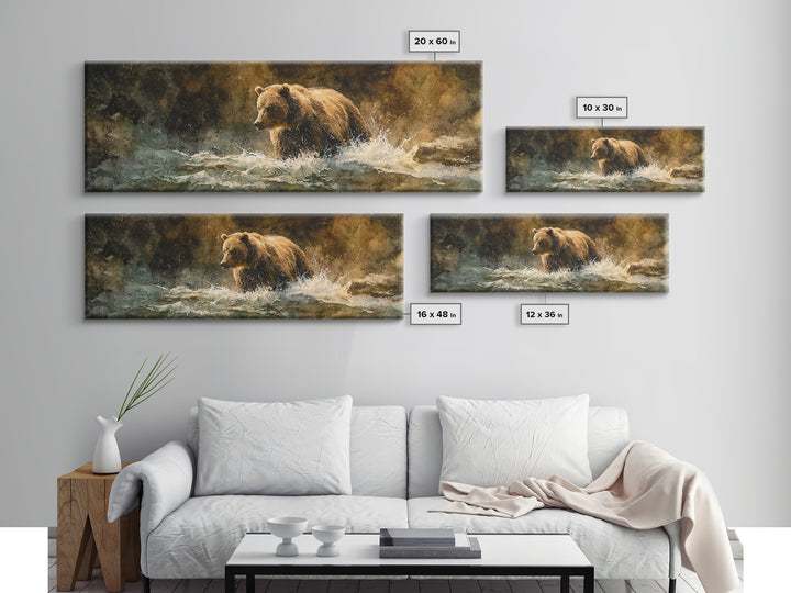 Bear Fishing in Rushing Mountain River Canvas Print, Wildlife Art, Nature Wall Art, Living Room Decor, Oil Painting, Wild, WIL-3x1-20