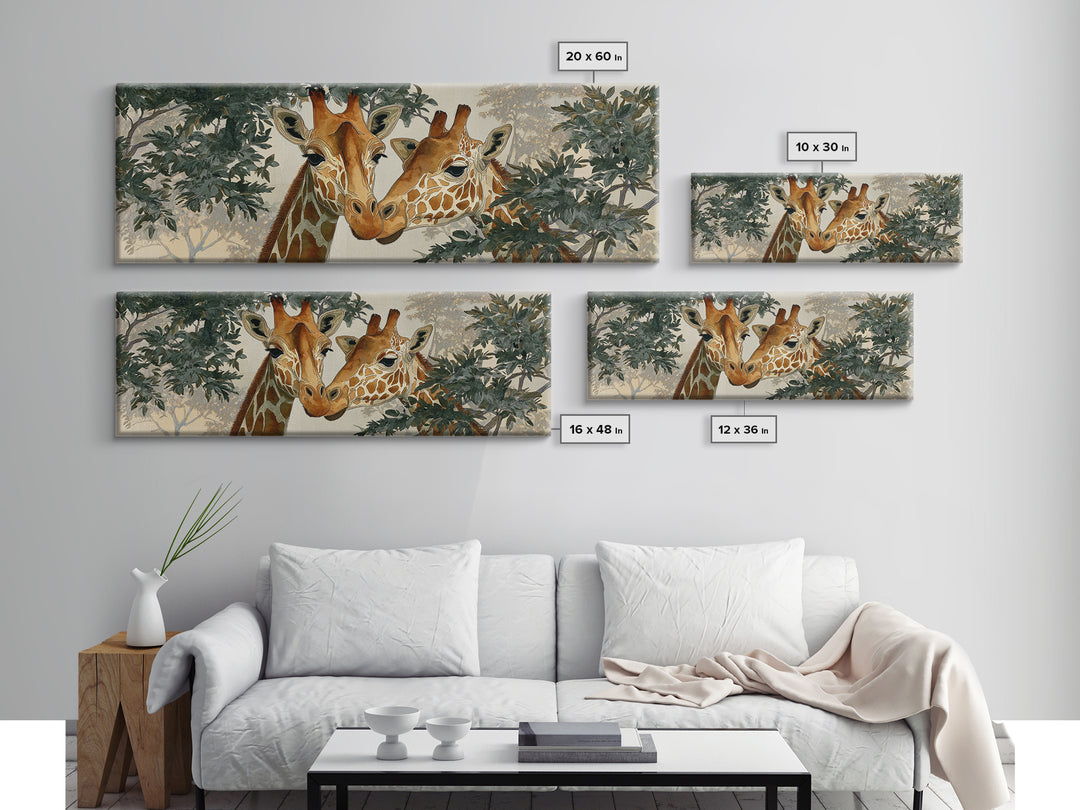 Giraffe Pair under Acacia Tree Framed Canvas Print, Wildlife Art, Boho Decor, Living Room Decor, Fine Art, Wild, Painting, WIL-3x1-23