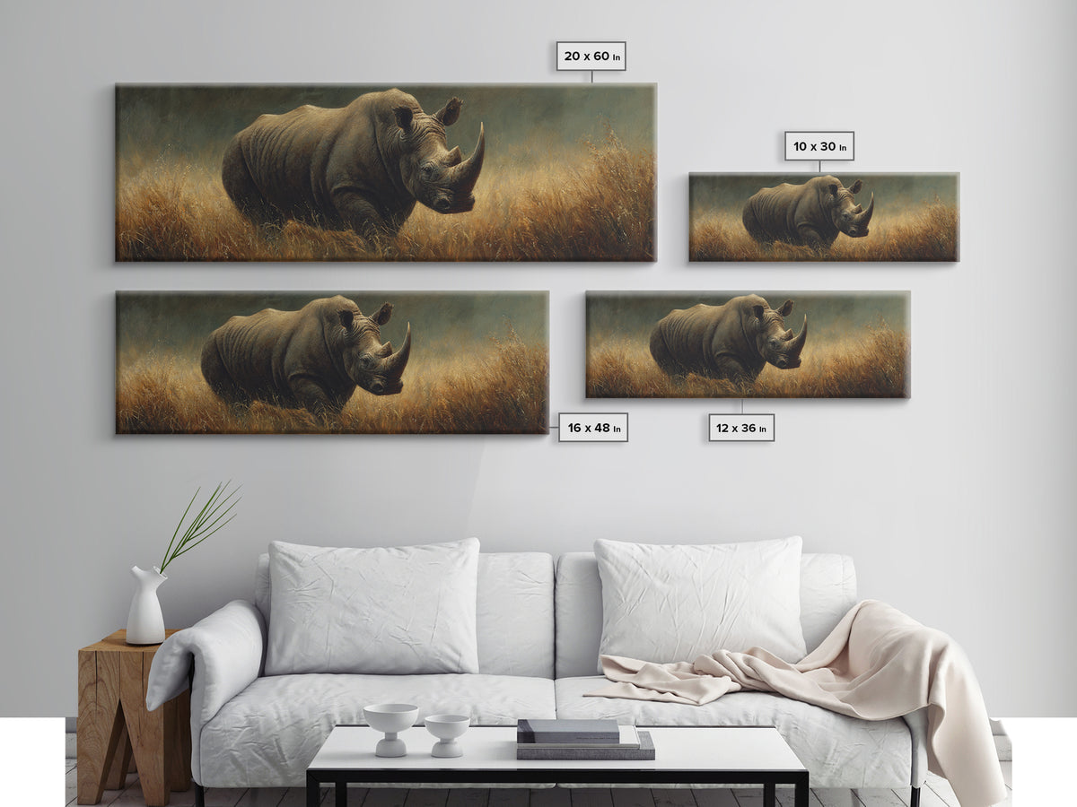 Rhino in Dramatic Stormy Light Canvas Print, Wildlife Art, Rustic Home Decor, Living Room Decor, Fine Art, Wild, WIL-3x1-24