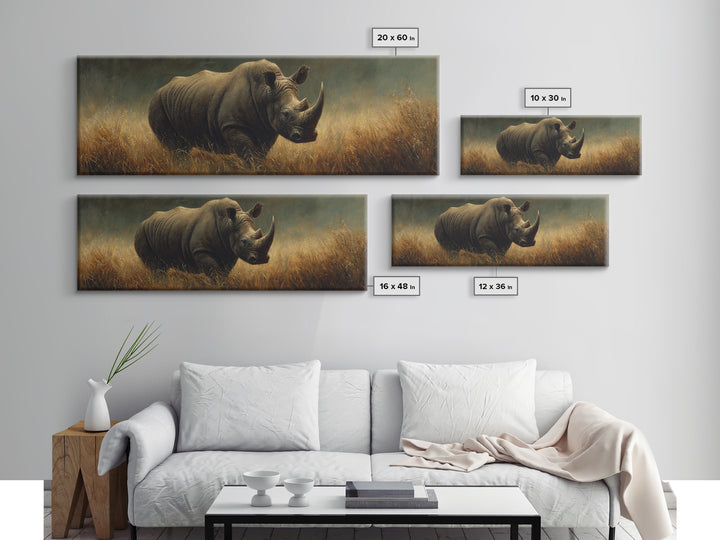 Rhino in Dramatic Stormy Light Canvas Print, Wildlife Art, Rustic Home Decor, Living Room Decor, Fine Art, Wild, WIL-3x1-24