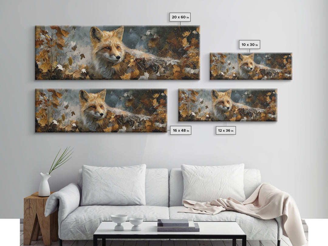 Fox in Autumn Forest Leaves Canvas Print, Wildlife Art, Modern Art, Living Room Decor, Fine Art, Wild, Neutral Decor, WIL-3x1-25