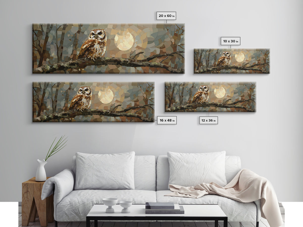 Owl Perched in Moonlit Woodland Framed Canvas Print, Wildlife Art, Forest Wall Art, Living Room Decor, Oil Painting, Wild, WIL-3x1-28