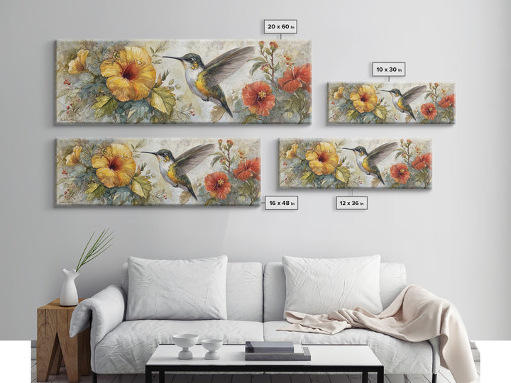 Hummingbird Beside Bright Flowers Framed Canvas Print, Wildlife Art, Unique Home Decor, Living Room Decor, Fine Art, Wild, WIL-3x1-32