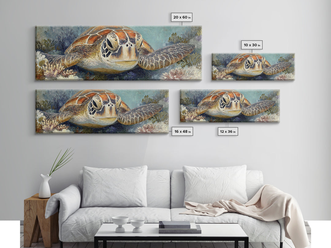 Sea Turtle over Coral Reef Canvas Print, Wildlife Art, Digital Wall Art, Living Room Decor, Abstract Art, Wild, Modern Art, WIL-3x1-34