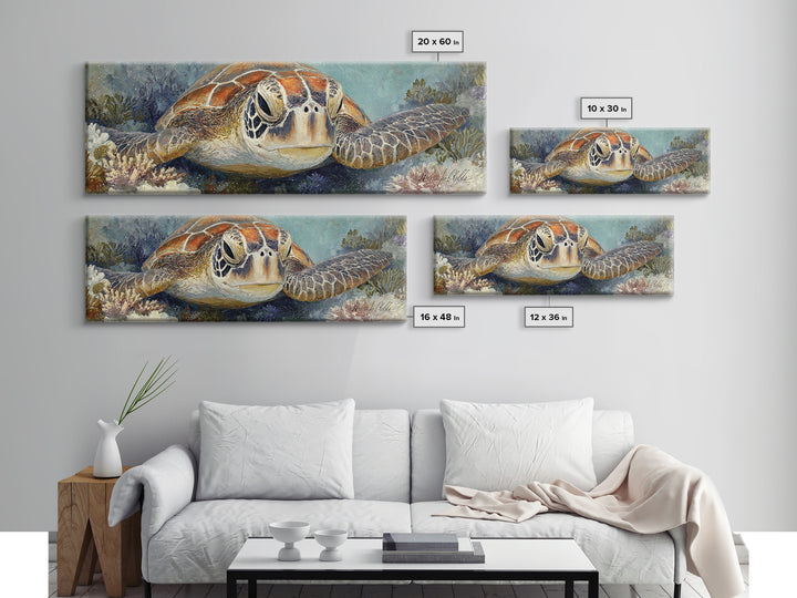 Sea Turtle over Coral Reef Canvas Print, Wildlife Art, Digital Wall Art, Living Room Decor, Abstract Art, Wild, Modern Art, WIL-3x1-34