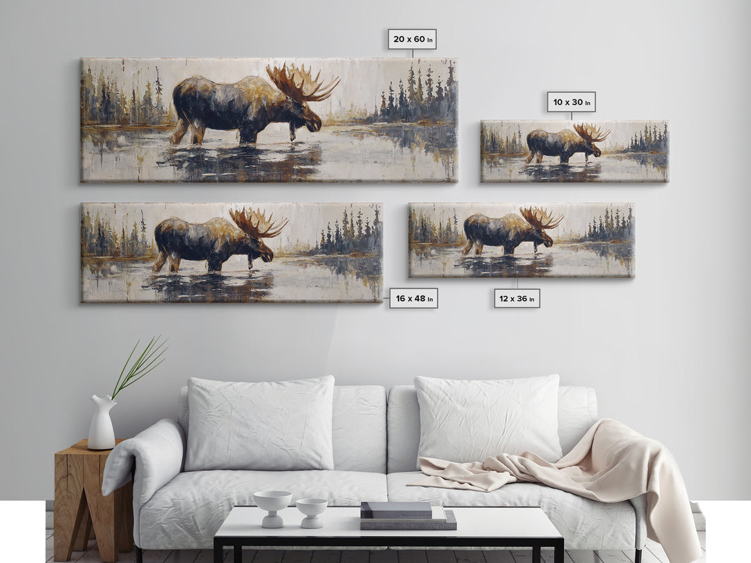 Moose Standing in Reflective Lake Canvas Print, Wildlife Art, Living Room Decor, Oil Painting, Wild, Digital Wall Art, WIL-3x1-35
