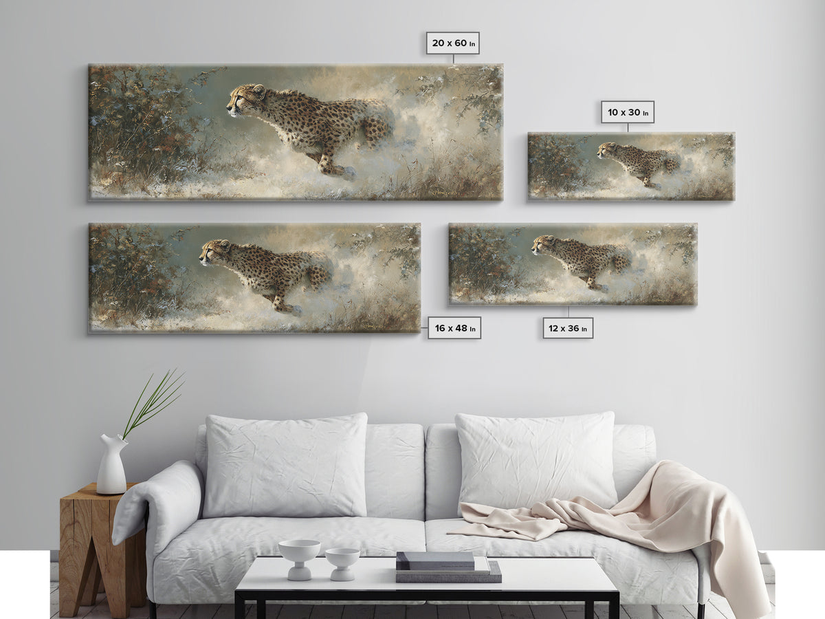 Cheetah Running Through Warm Dust Framed Canvas Print, Wildlife Art, Living Room Wall Art, Living Room Decor, Watercolor Art, WIL-3x1-37