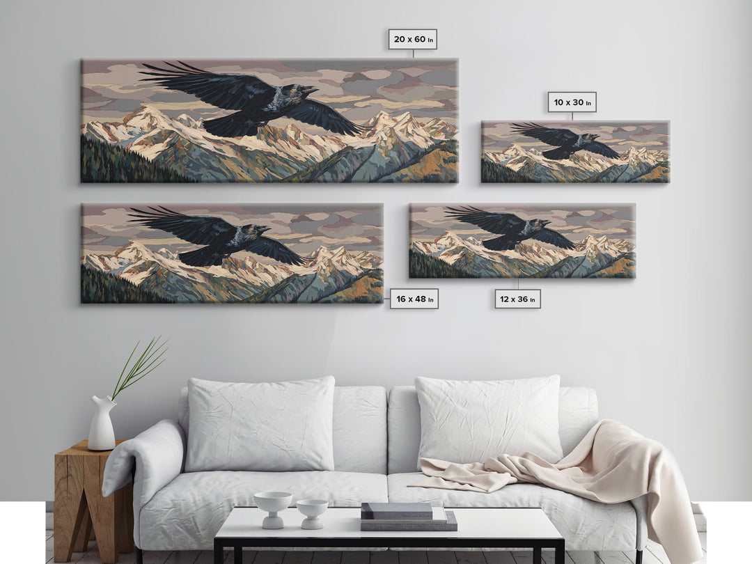 Raven Flying Through Snowy Mountains Canvas Print, Wildlife Art, Gallery Decor, Living Room Decor, Oil Painting, Wild, WIL-3x1-40