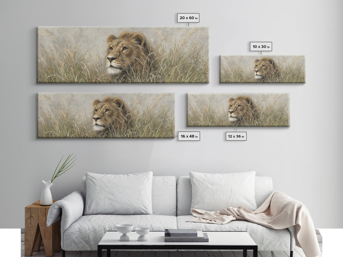 Lion Emerging from Golden Savanna Grass Canvas Print, Wildlife Art, Living Room Art, Living Room Decor, Watercolor Art, Wild, WIL-3x1-41