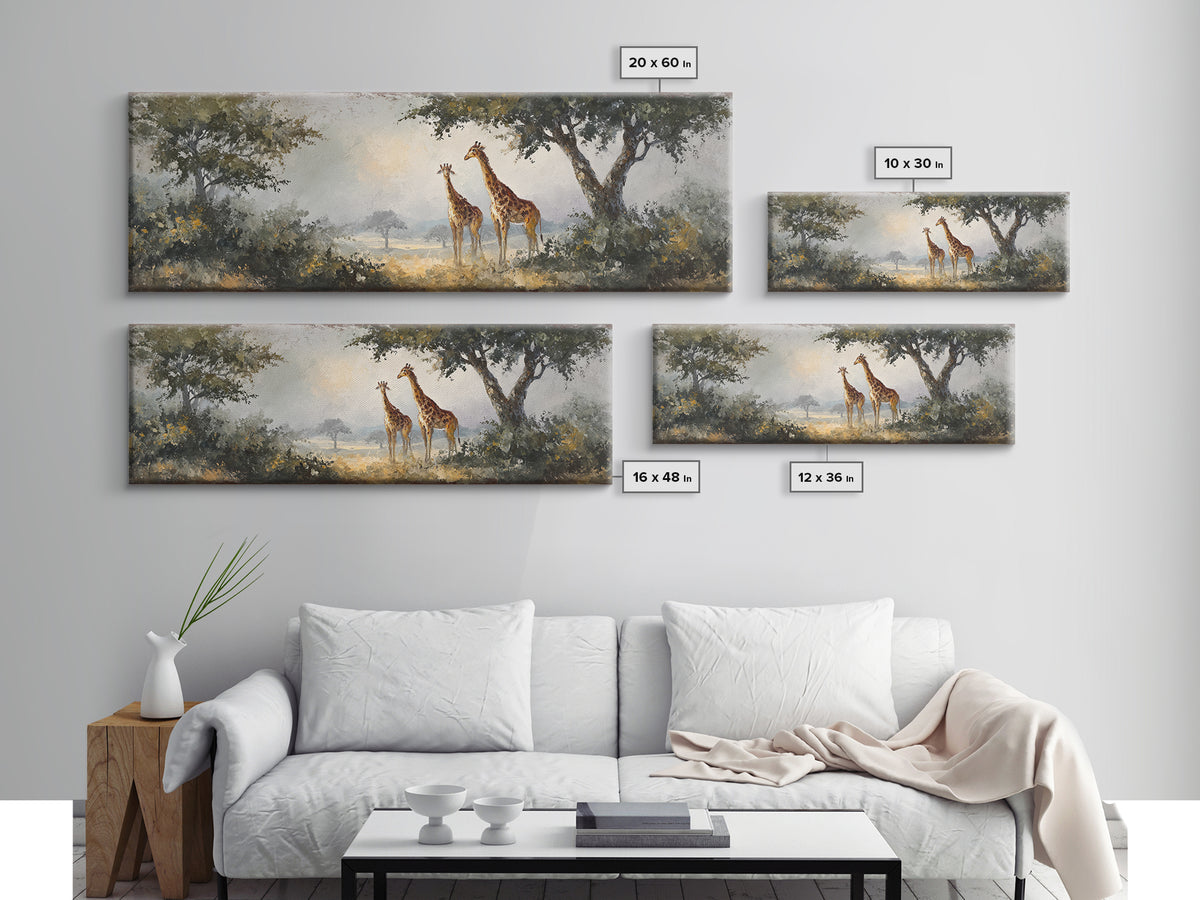 Giraffe Pair under Acacia Tree Framed Canvas Print, Wildlife Art, Wall Decor, Living Room Decor, Oil Painting, Wild, Bird Art, WIL-3x1-47