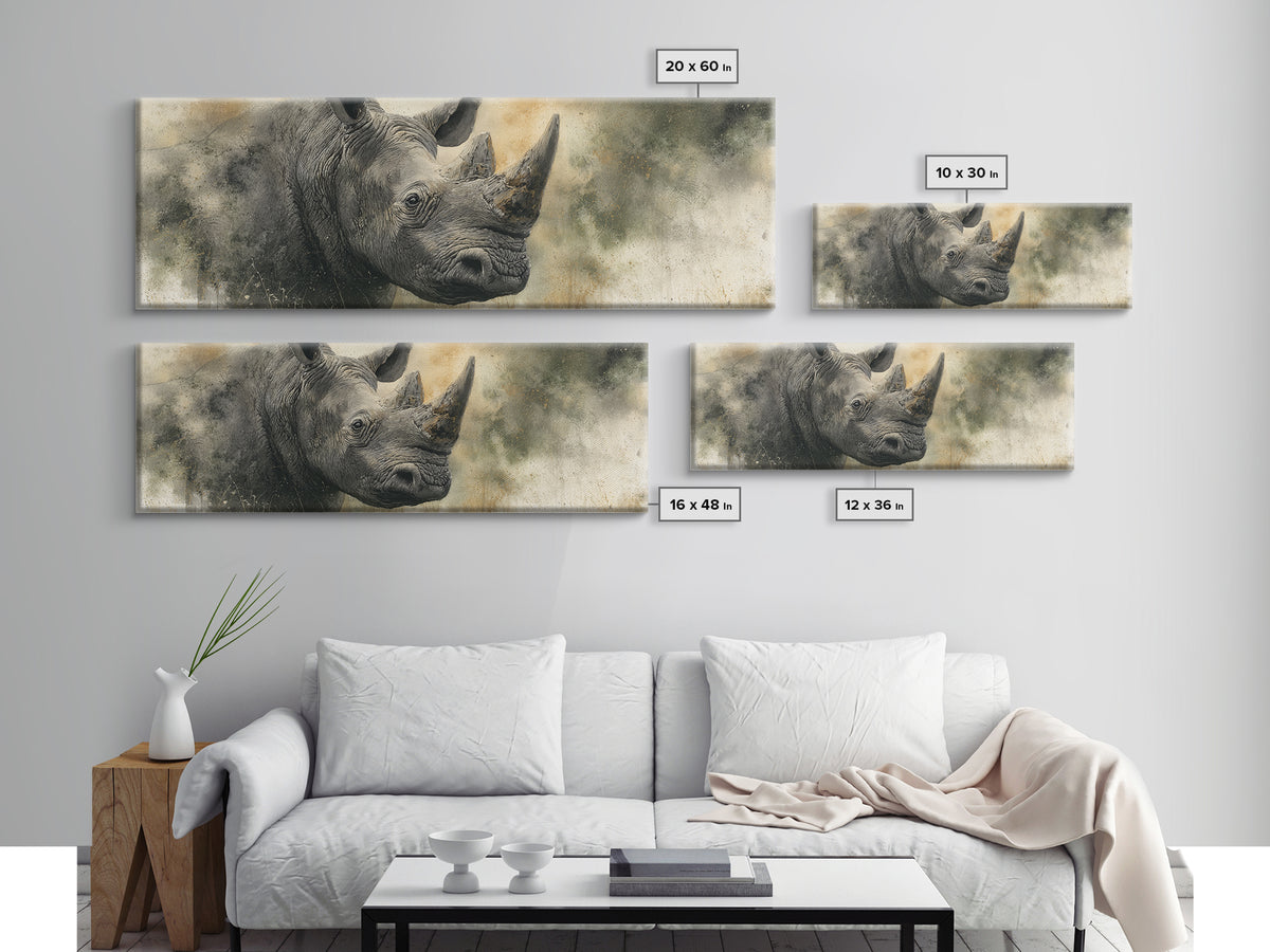 Rhino in Dramatic Stormy Light Canvas Print, Wildlife Art, Art Print, Living Room Decor, Fine Art, Wild, Digital Wall Art, WIL-3x1-48