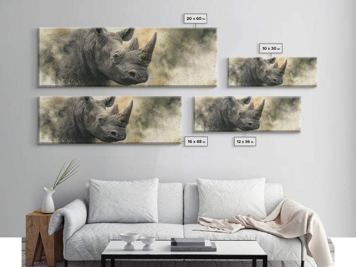 Rhino in Dramatic Stormy Light Canvas Print, Wildlife Art, Art Print, Living Room Decor, Fine Art, Wild, Digital Wall Art, WIL-3x1-48