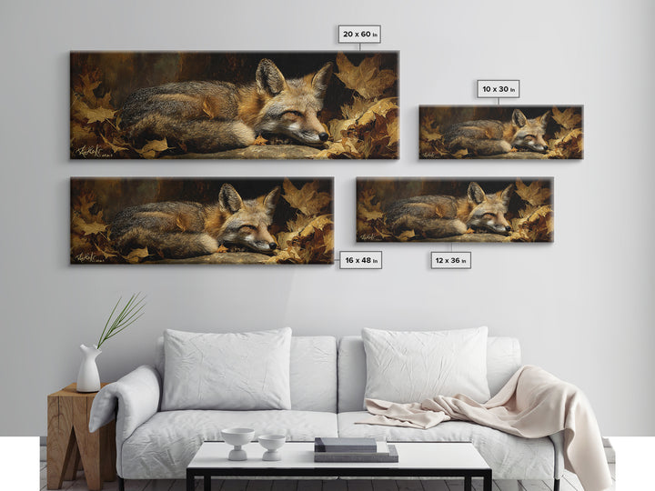 Fox in Autumn Forest Leaves Canvas Print, Wildlife Art, Modern Art, Living Room Decor, Fine Art, Wild, Neutral Decor, WIL-3x1-49