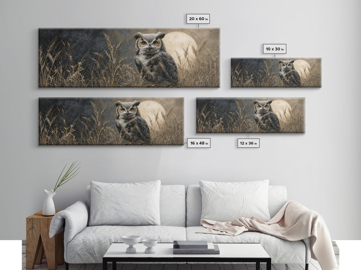 Owl Perched in Moonlit Woodland Framed Canvas Print, Wildlife Art, Room Decor, Living Room Decor, Abstract Art, Wild, WIL-3x1-52
