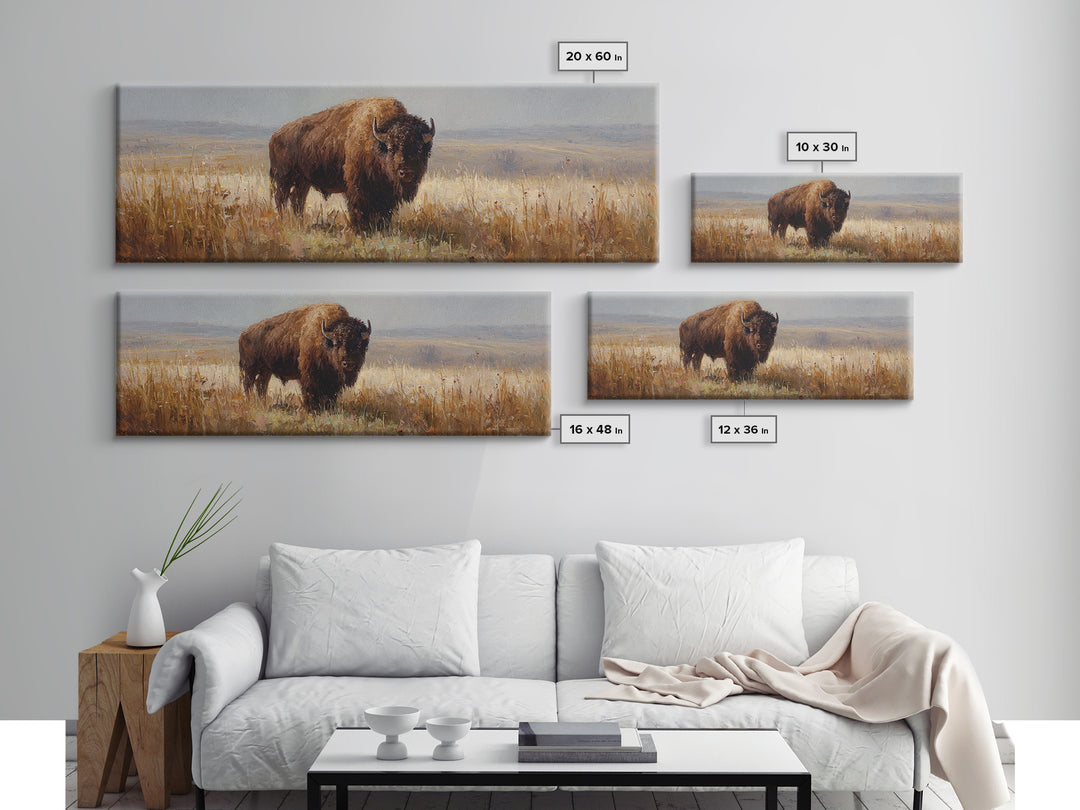 Bison on Wide Western Prairie Framed Canvas Print, Wildlife Art, Landscape Art, Living Room Decor, Fine Art, Wild, Modern Decor, WIL-3x1-53