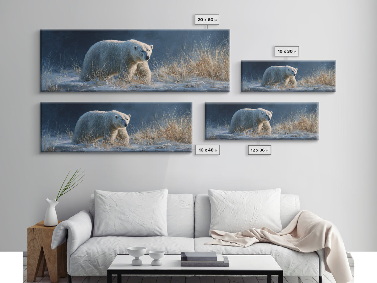 Polar Bear Crossing Blue Ice Framed Canvas Print, Wildlife Art, Contemporary Art, Living Room Decor, Wild, Wall Art Print, WIL-3x1-55