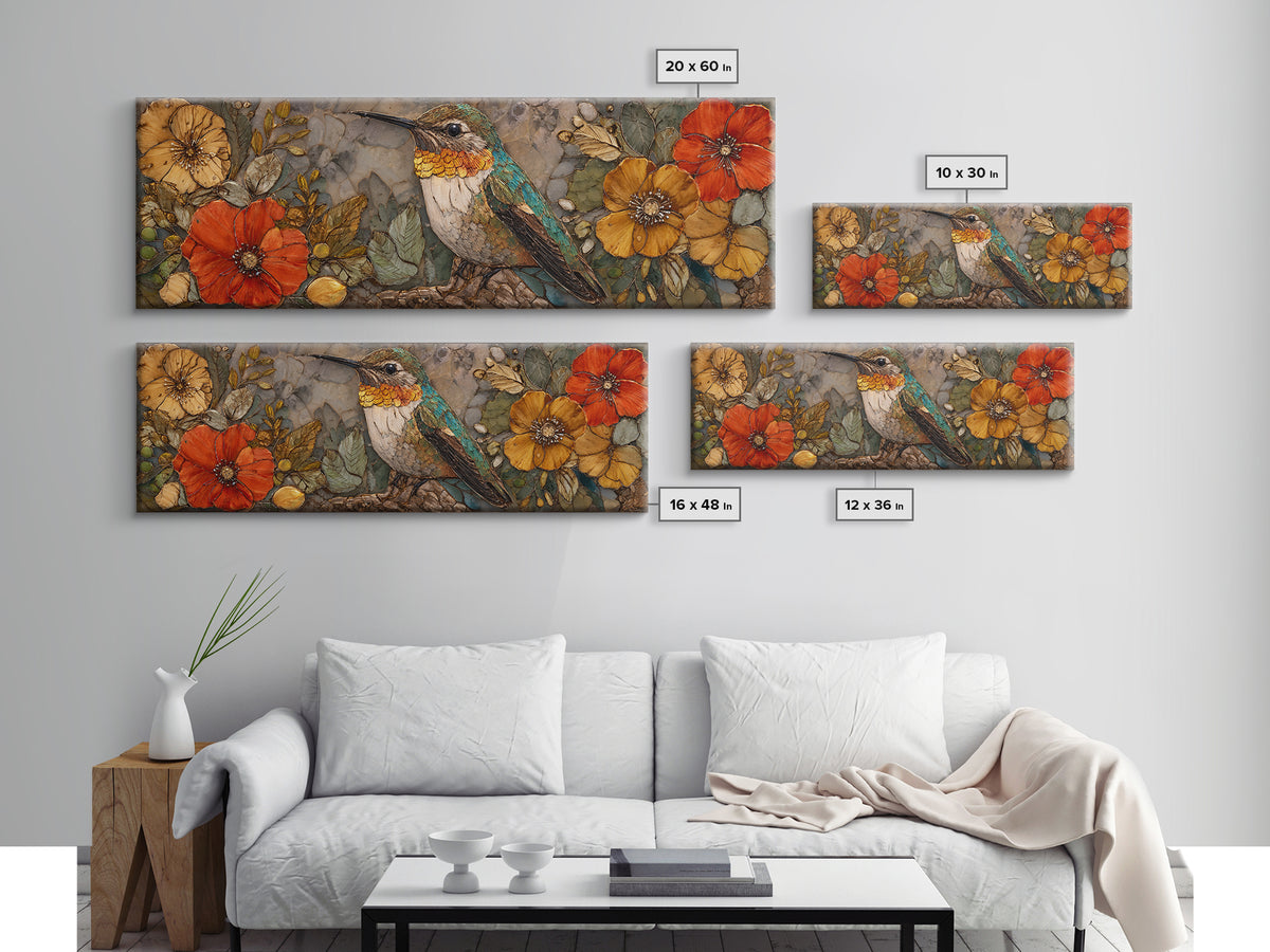 Hummingbird Beside Bright Flowers Framed Canvas Print, Wildlife Art, Textured Painting, Living Room Decor, Oil Painting, Wild, WIL-3x1-56